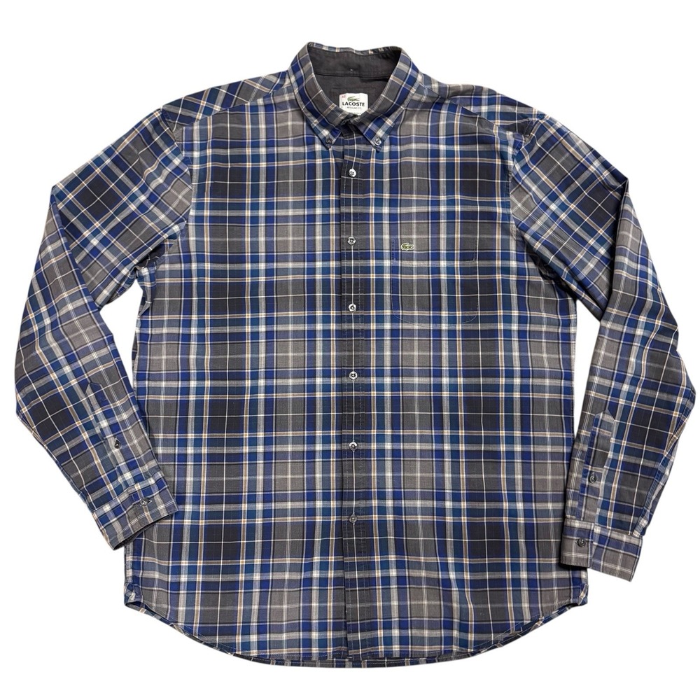 Lacoste‎ Shirt Mens 42 Large Blue Gray Check Cotton Flip Cuffs Regular Fit